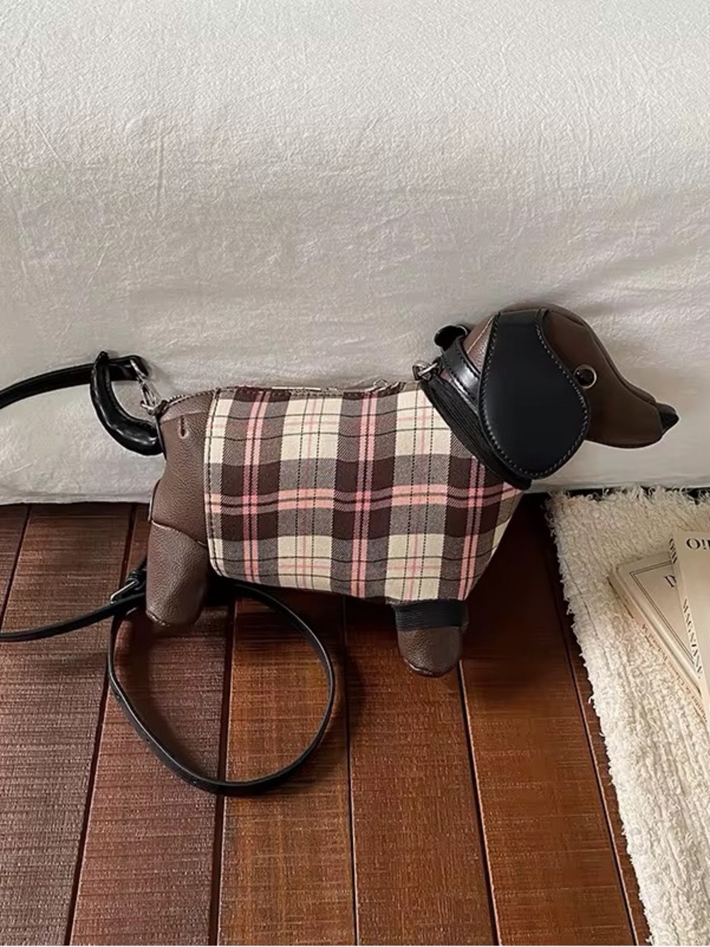 Plaid Brown Dachshund Crossbody Bag